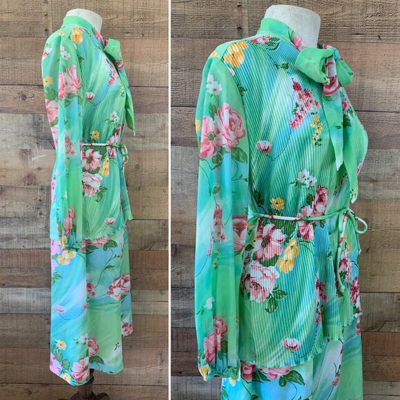 Vintage 1970’s Boho Hippie Green Floral 2 Piece Tunic Top Skirt Set Size M - Picture 2 of 10